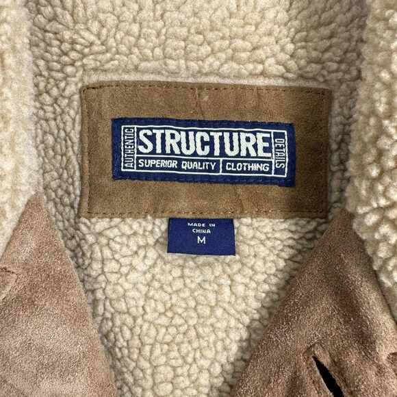 Vintage Y2K Structure Faux Shearling Lined Suede Leather Coat Mens Size M - Picture 5 of 13